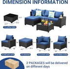 Jing's Villa 5-Piece Patio Furniture Set, All-Weather Outdoor Wicker Sectional Sofa with Cushions, Tempered Glass Table & Ottoman,Rattan Conversation Seating for Porch, Garden, Backyard,Navy