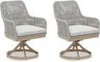 Signature Design by Ashley Seton Creek Cottage Nuvella Weather Resistant Fabric Outdoor Swivel Dining Chair with Cushion, Set of 2, Light Brown & Light Gray