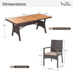 PHI VILLA Outdoor Dining Set for 8, Rectangular Rattan Table with Acacia Wood Top & Wicker Chairs with Cushions, 74” Large Modern Furniture Set for Patio, Deck, Backyard, Porch