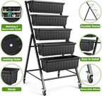 Suyncll Vertical Raised Garden Bed Planter Box, 5 Tiers Vertical Garden Planter with Drainage System and 4 Hooks for Plants Vegetables Flowers (Black with Wheels)