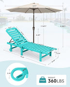 SERWALL Outdoor Chaise Lounge Set of 2 with 9FT Umbrella, HDPE Pool Lounge Chair with 5-Position Adjustable Backrest, Patio Lounger with Rolling Wheels & Cup Holder for Pool, Aruba