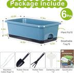 Window Box Planter 6 Pcs, 17 Inches Rectangle Flower Pots with Drainage Holes and Trays, Vegetable Planters for Windowsill Patio Garden Balcony Home Indoor Outdoor (Blue, 18 * 10 * 6 inch)