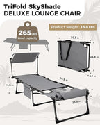 KingCamp Tanning Chair with Face Hole, Lounge Chairs Outdoor Folding Comfy Adjustable 5-Position Foldable Chaise Chaser with Canopy Shade for Outside Beach Patio Sun Bathing Pool, Grey