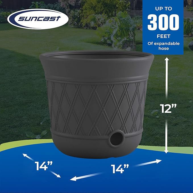 Suncast Lattice Hose Pot for Outdoor Garden Storage, Peppercorn - Holds 300 ft Expandable or 50 ft Standard 5/8" Vinyl Hoses, Resin Hideaway Organizer with Drainage and Water Supply Port