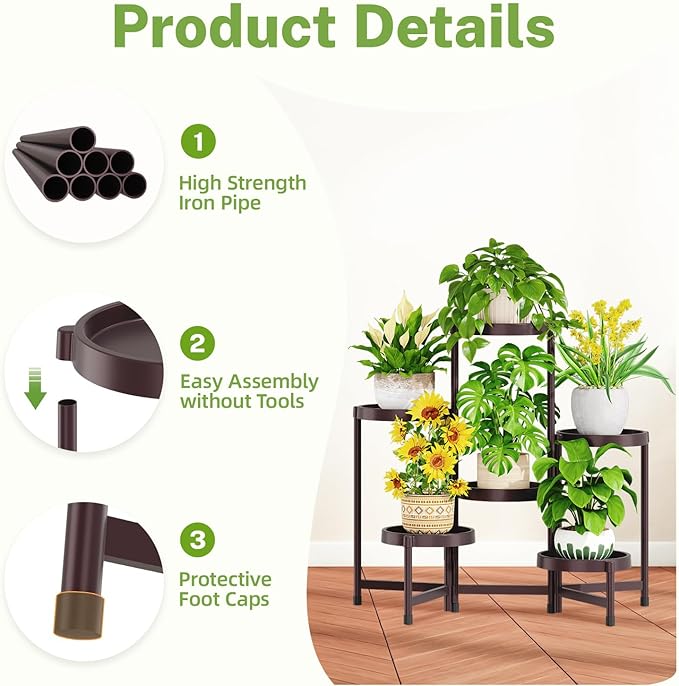 iDavosic.ly 6 Tier Folding Plant Stand Indoor Outdoor with Plastic Tray, Tiered Corner Flower Holder Shelf, Metal Orchid Display Rack for Patio Porch Living Room Garden Balcony, Bronze