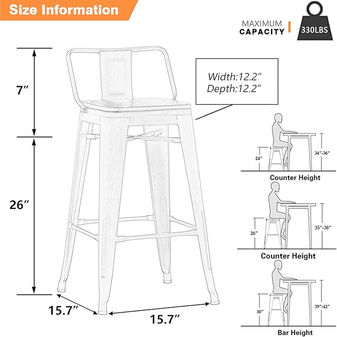 Yongchuang 26" Metal Bar Stools Set of 4 Counter Height Barstools with Wood Top Low Back Matte Black