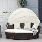 Outsunny 4-Piece Round Convertible Daybed with Cushions, Outdoor PE Rattan Patio Wicker Sofa Set, Sunbed with Adjustable Sun Canopy, Sectional Sofa, 2 Chairs, Table, 3 Pillows, Cream White