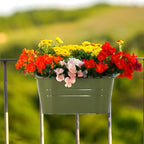 3 Pack Metal Railing Planters, 10.5" Oval Hanging Flower Pots with Detachable Hooks & Drainage Holes, Fits Rails up to 2.36", Galvanized Iron Fence Bucket for Balcony Garden Patio - Green