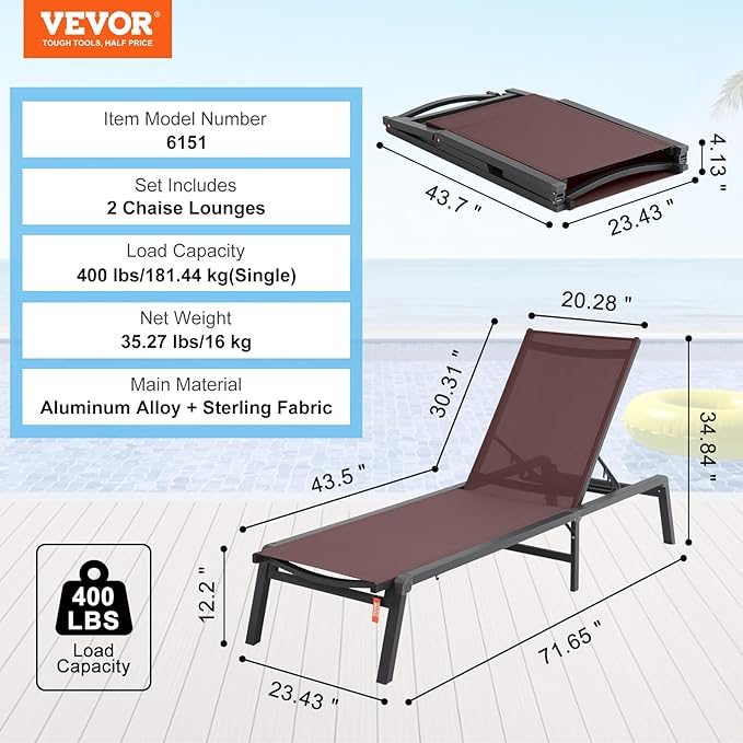 VEVOR 2 Pcs Chaise Lounge Chairs Outdoor, Aluminum Patio Lounge Chair with Adjustable 5-Position, Folding Pool Chairs Recliner and Full Flat Tanning Chair for Patio, Beach, Pool, Brown, 2 pcs