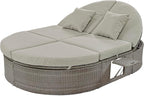 Merax Outdoor Sun Bed Patio 2-Person Daybed with Cushions and Pillows, Rattan Garden Reclining Chaise Lounge with Adjustable Backrests and Foldable Cup Trays for Lawn, Poolside, Grey
