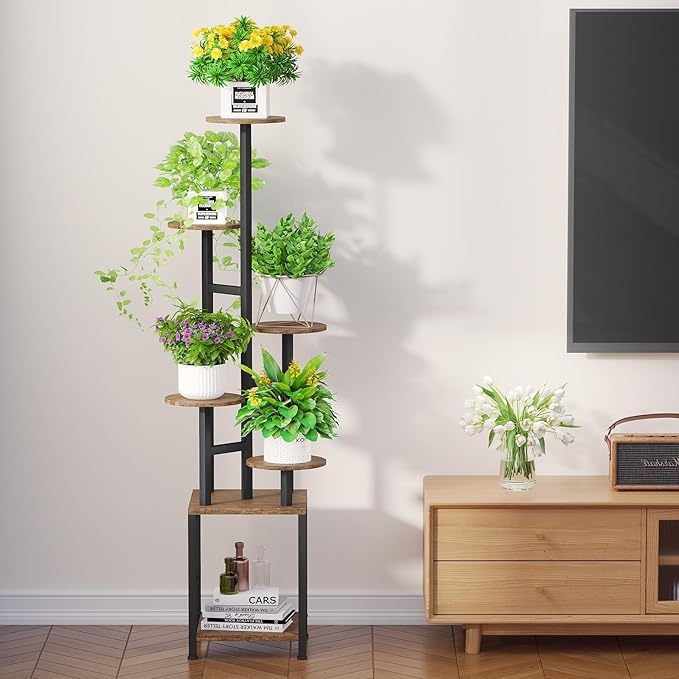 Plant Stand Indoor with Grow Light,6-Tiered Tall Plant Stand Indoor, Metal Plant Shelf with Adjustable Light, Ideal for Living Room, Garden, Patio (Black Brown)
