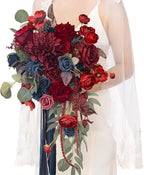 Artificial Flowers Bridal Bouquet in Burgundy and Navy Blue, 15-Inch
