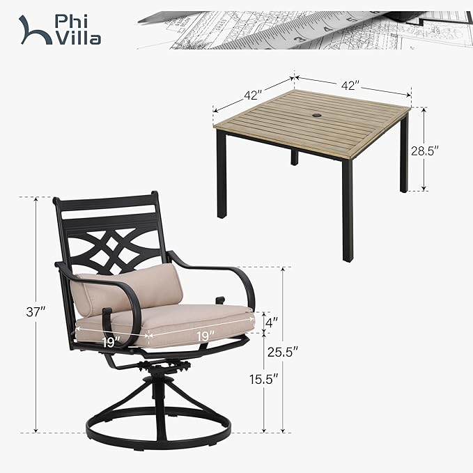 PHI VILLA 5 Pieces Outdoor Dining Set for 4, 42" Square Brown Metal Table & Wrought Iron Swivel Chairs, All Weather Large Outside Furniture with Cushions & Pillows for Patio, Deck, Porch