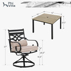 PHI VILLA 5 Pieces Outdoor Dining Set for 4, 42" Square Brown Metal Table & Wrought Iron Swivel Chairs, All Weather Large Outside Furniture with Cushions & Pillows for Patio, Deck, Porch
