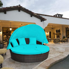 Tangkula Patio Round Daybed with Retractable Canopy, Outdoor Wicker Rattan Furniture Sets, Sectional Cushioned Sofa Set w/Height Adjustable Coffee Table, Rattan Conversation Sets (Turquoise)