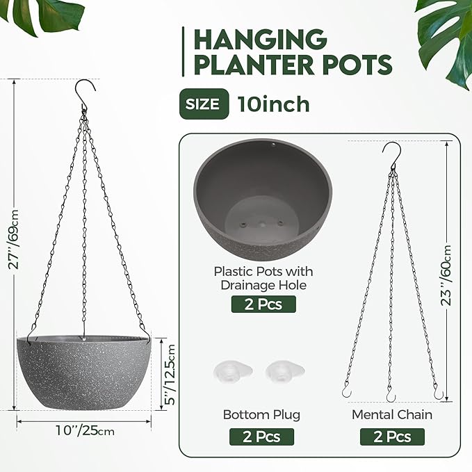 T4U Hanging Planters for Indoor Plants, 10 Inch Hanging Planter Outdoor 2 Pack, Hanging Basket with Drainage Holes, Hanging Plant Holder Indoor, Flower Pots, Plant Pots for Garden, Grey