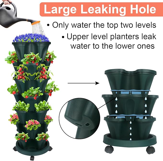 DUNCHATY Stackable Planter, Vertical Garden Planter with Wheels and Tools, Self Watering Strawberry Planter Indoor/Outdoor 7 Tier Herb Planter Pots for Growing Vegetables and Succulents,Pine Green