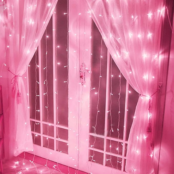 Indoor String Lights, Pink LED Curtain Lights, 8 Blinking Modes, 6.6 x 6.6 ft