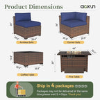 Aoxun 11 Piece Patio Furniture Set with 44” Fire Pit Table Wicker Rattan Outdoor Sectional Sofa Set with Coffee Table and 4” Thickened Cushions, Blue (Waterproof Cover Included)