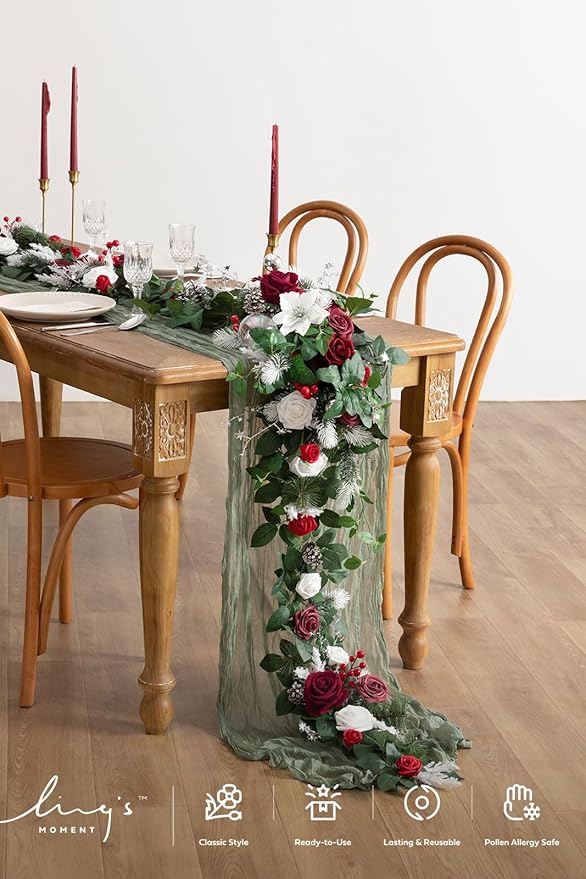 Artificial Eucalyptus Garland 6FT Red Table Runner with Willow Leaves