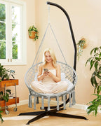 Greenstell Hammock Chair, Macrame Swing Chair with Comfy Cushion, Boho Hanging Chair for Outdoor & Indoor, Perfect for Bedroom, Patio, Balcony, Hold up to 350Lbs, Grey