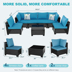 Outdoor Wicker Patio Furniture Set, Rattan Sectional Sofa Set with Thick Cushions (Brown/Peacock Blue, 7 Piece Sofa Set)