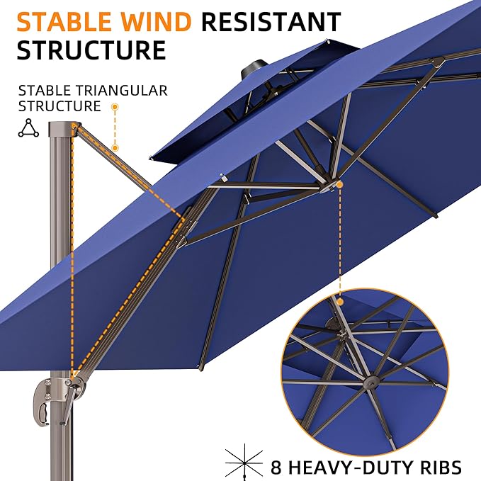 9' X 12' Cantilever Outdoor Patio Umbrellas with Base Included, Large Rectangle Umbrella Heavy Duty 360°Rotation Offset Umbrella for Garden Deck Pool Patio,Navy Blue