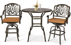 VIVIJASON 3-Piece Patio Swivel Bar Stools Set, All Weather Cast Aluminum Outdoor Bar Height Bistro Set with 2 Cushioned Bar Chairs & 38.5" High Bar Table w/Umbrella Hole for Backyard, Lawn, Garden