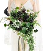 Artificial Flowers Cascading Bridal Bouquet in Forest Green and Gold