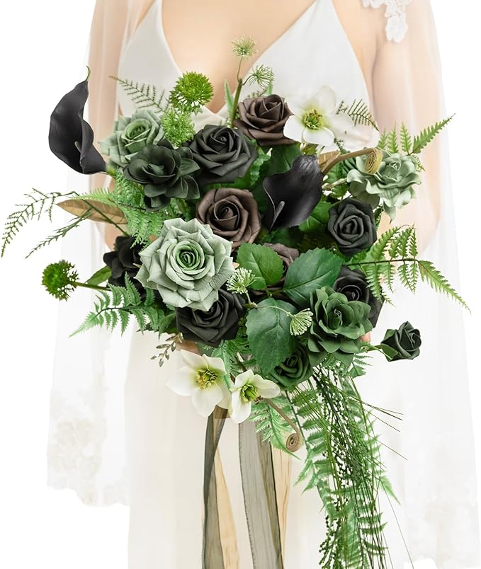 Artificial Flowers Cascading Bridal Bouquet in Forest Green and Gold