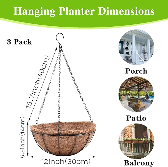 Metal Hanging Planters Basket Set of 3 Hanging Flower Pots 12 Inch Chain Round Wire Plant Holder with Coco Coir Liner Garden Watering Hanging Baskets for Patio Garden Outdoor1