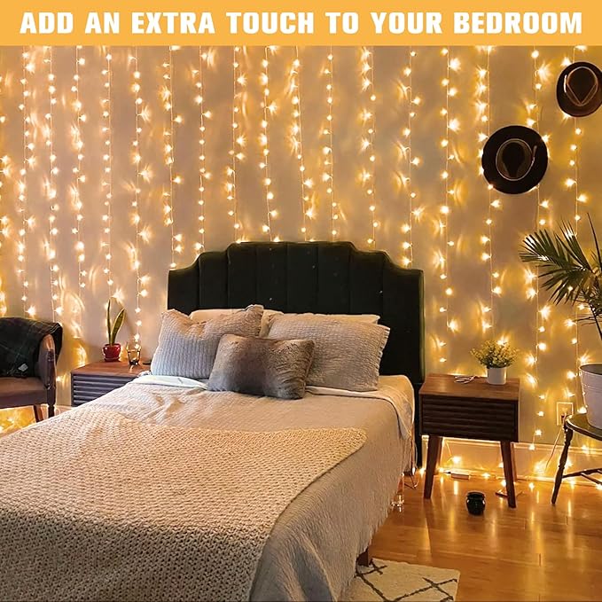 Indoor String Lights, 600 LED Warm White Curtain with Remote