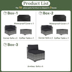 Aoxun 10 Piece Patio Furniture Set Wicker Rattan Patio Conversation Set Outdoor Sectional Sofa Set with Coffee Table and Thickened Cushions, Gray/Black(Waterproof Cover Included)