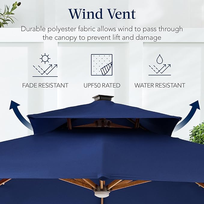 Best Choice Products 10ft Square Cantilever Patio Umbrella w/Base Included, Woodgrain Pattern Pole & Solar LED Lights, 360-Rotation, Offset Hanging Outdoor Shade - Navy Blue