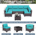 ALAULM Patio Furniture Set with Coffee Table, 7 Pieces Outdoor Sectional with Wide Seat and Thick Cushion, All Weather Wicker Rattan Conversation Set for Backyard, Garden, Deck, Turquoise