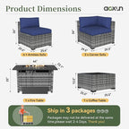 Aoxun 8 Piece Patio Furniture Set with 44” Fire Pit Table Paito Conversation Set Wicker Rattan Outdoor Sectional Sofa Set with Waterproof Cover and Thickened Cushions (Grey/Blue)