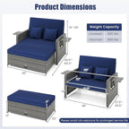 Tangkula Patio Rattan Daybed with 4-Level Adjustable Backrest, Outdoor PE Wicker Loveseat with Storage Ottoman & Folding Side Table, Double Sunbed for Balcony, Backyard & Poolside, Navy & Grey