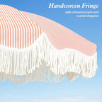 AMMSUN Boho Fringe Umbrella Outdoor Patio, 6.5ft UPF50+ Picnic Umbrella with Tassels with Steel Pole and Push Button Tilt, Pink Stripe