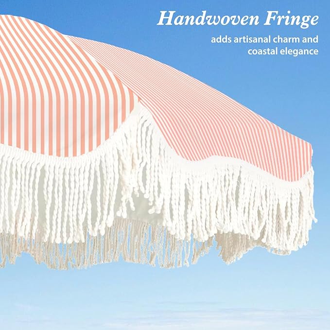 AMMSUN Boho Fringe Umbrella Outdoor Patio, 6.5ft UPF50+ Picnic Umbrella with Tassels with Steel Pole and Push Button Tilt, Pink Stripe