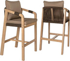 JONATHAN Y BSL1200C-SET2 Porto Modern Coastal Tub Roped Acacia Wood Outdoor Bar Stool with Cushions and Armrests, for Patio, Lawn, Backyard, Deck, Brown/Light Teak (Set of 2)
