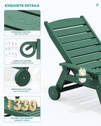 SERWALL Patio Chaise Lounge Chair Set of 2, 78'' Long 5-Positions Adjustable HDPE Outdoor Lounger for Pool, Poly Lounge Chair with Rolling Wheels & Cup Holder for Poolside, Deck, Dark Green