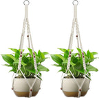 USLAI Macrame Plant Hanger Indoor Outdoor, Fits 4 to 15 Inch Pots, Strong Hanging Planter Holder, Boho Home Decor, 35+35 Inch, Ivory+Red Bead, Set of 2 (POTS NOT Included)