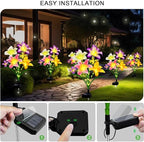 4 Pack Solar Garden Lights LED Solar Lilies Flower Lights, Yard Patio Pathway Decoration High Flexibility Copper Wire Handmade Silk Artificial Flowers Never Wither, Gift for Family, Friends