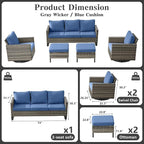 Belord Wicker Patio Furniture 5 Piece Outdoor Sofa Set, Oversize Outdoor Swivel Rocker Chairs with Rattan Ottomans, Conversation Sets Patio Furniture Come with Removable Washable Cushion Blue