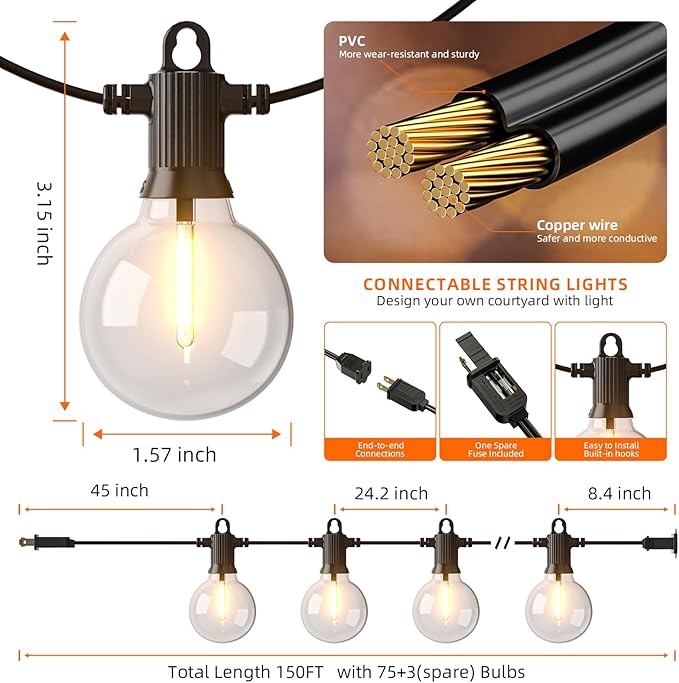 String Lights 150FT Outdoor, 72 Shatterproof G40 Bulbs, IP65 Waterproof