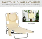 Outsunny Folding Beach Lounge Chair with Face Hole and Arm Slots, 5-Level Adjustable Sun Lounger Tanning Chair with Pillow for Patio, Garden, Beach, Pool, Beige