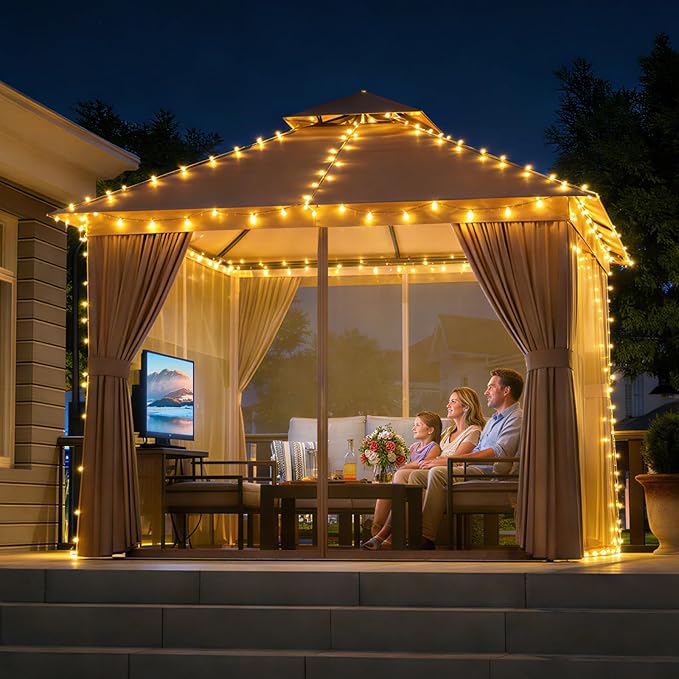 Aoxun Outdoor Gazebo for Patio 10x10 Metal Frame Canopy with Double Roofs Heavy Duty Party Tent and Shelter with Mosquito Netting and Privacy Screen for Backyard, Lawn, Garden, Deck (Khaki)