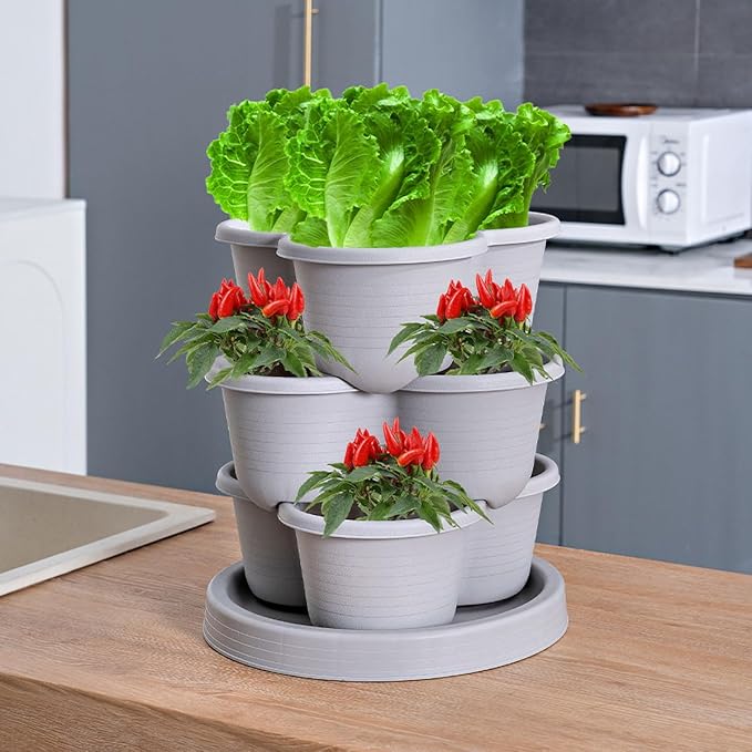 Vertical Strawberry Planter 3 Tier Hanging Vertical Gardening Stackable Planter, Hanging Strawberry Planter Pot for Strawberries, Flowers, Herbs, Vegetables with Removable Wheels and Hooks