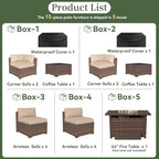 Aoxun 15 Piece Patio Furniture Set with 44” Fire Pit Table Wicker Rattan Outdoor Sectional Sofa Set with Coffee Table and Thickened Cushions, Beige (Waterproof Cover Included)