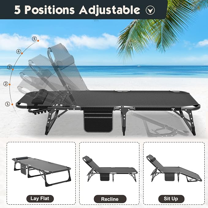 Chaise Lounge Chair, 5-Position Folding Cot, Bright Sky